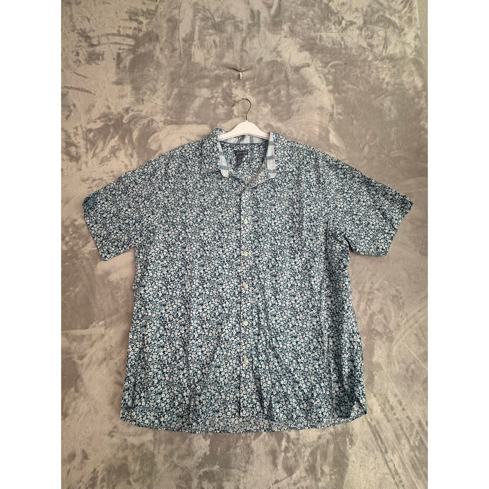 Van Heusen Men's Short Sleeve Button Up‎ Shirt Floral Print Blue White XXL